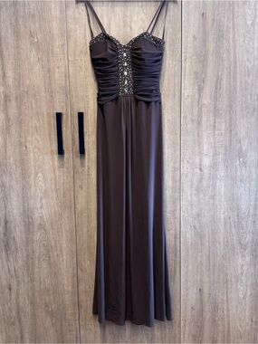 BCBG Paris Y2K Espresso Brown Rhinestone Sweetheart Neck Flowy Maxi Dress S